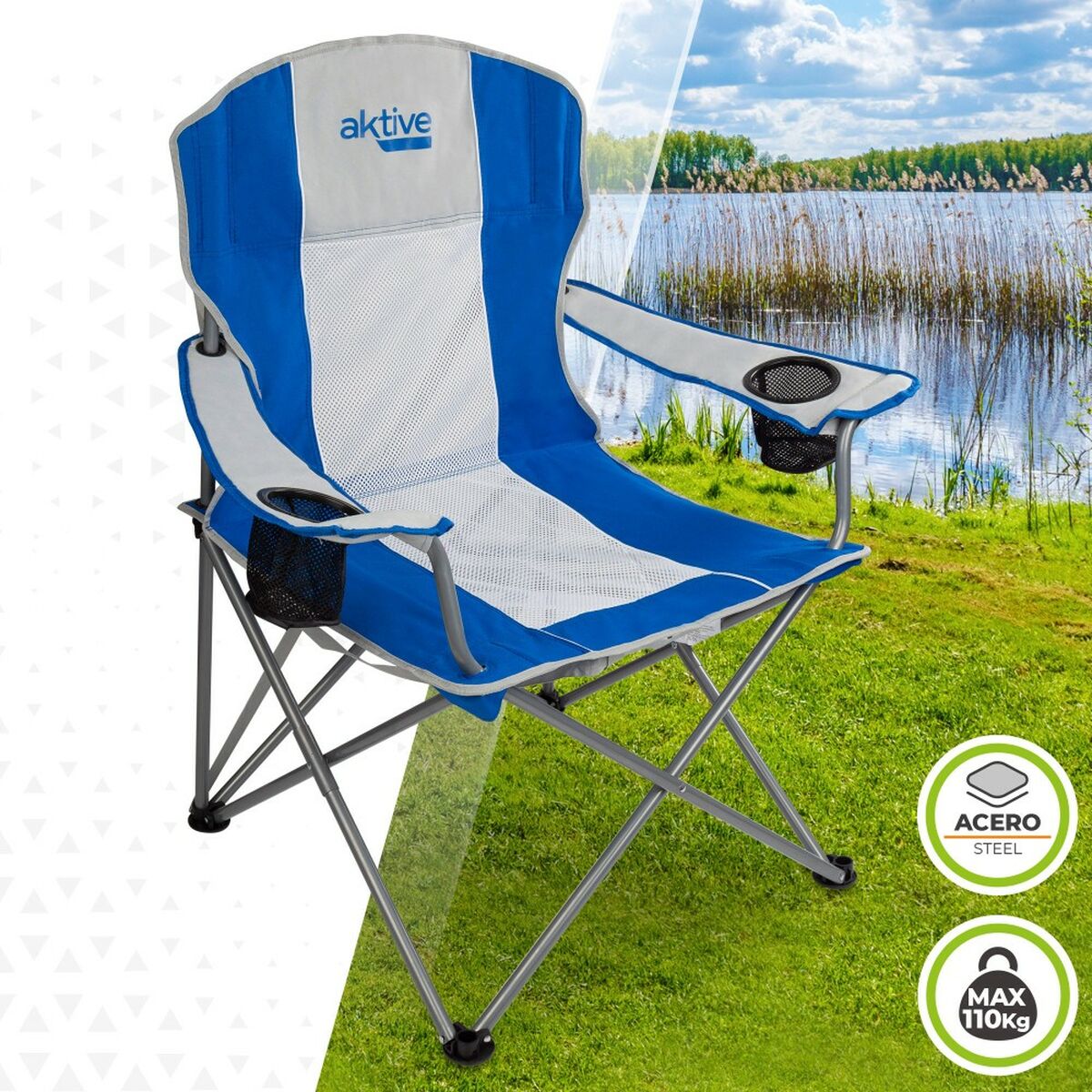 Sammenklappelig campingstol Aktive Grå Blå 57 x 97 x 60 cm (4 enheder)